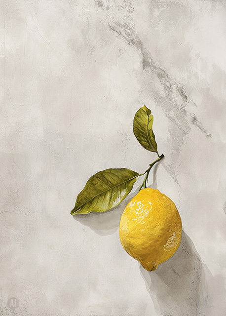 Yellow lemon with two green leaves on a light textured background.