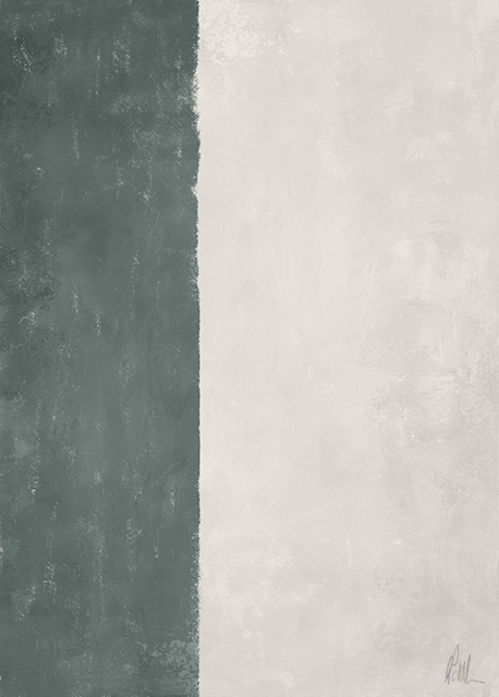 Abstract art featuring two overlapped irregular shapes with white outlines on a textured grey background. The top shape is dark brown, and the bottom shape is a pale beige. The artwork has a minimalist and modern aesthetic.