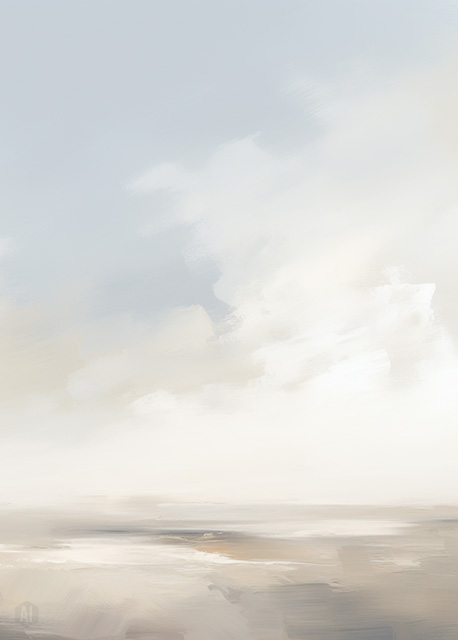 Abstract art featuring two overlapped irregular shapes with white outlines on a textured grey background. The top shape is dark brown, and the bottom shape is a pale beige. The artwork has a minimalist and modern aesthetic.