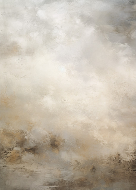 Abstract art featuring two overlapped irregular shapes with white outlines on a textured grey background. The top shape is dark brown, and the bottom shape is a pale beige. The artwork has a minimalist and modern aesthetic.