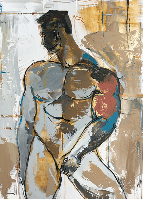 Abstract art featuring two overlapped irregular shapes with white outlines on a textured grey background. The top shape is dark brown, and the bottom shape is a pale beige. The artwork has a minimalist and modern aesthetic.