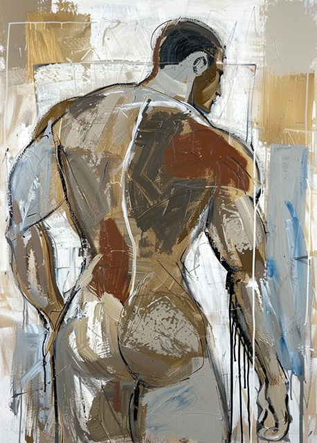 Abstract art featuring two overlapped irregular shapes with white outlines on a textured grey background. The top shape is dark brown, and the bottom shape is a pale beige. The artwork has a minimalist and modern aesthetic.